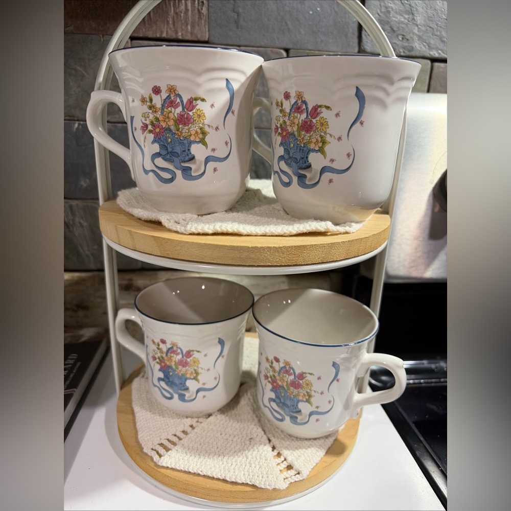 Vintage Stoneware “Victorian Bouquet” Set Of Four Coffee Mugs